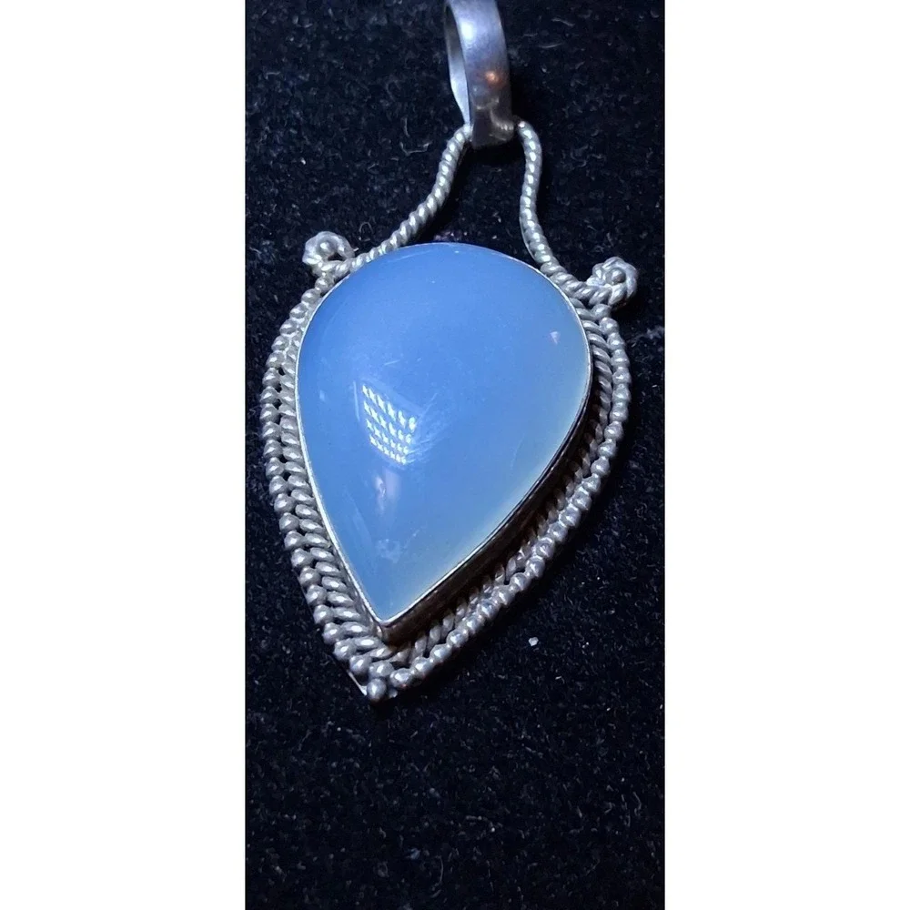 Blue Chalcedony Cabochon Pendant Vintage, 925 Sterling Silver